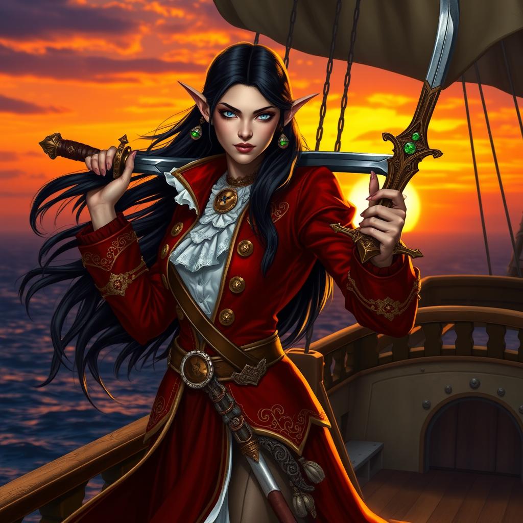 A high elf female pirate with long, flowing dark hair and fair skin, dressed in an intricately designed pirate outfit featuring a fitted red velvet coat with gold embroidery and a white ruffled blouse