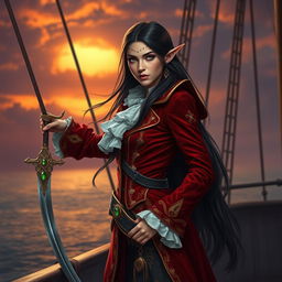 A high elf female pirate with long, flowing dark hair and fair skin, dressed in an intricately designed pirate outfit featuring a fitted red velvet coat with gold embroidery and a white ruffled blouse