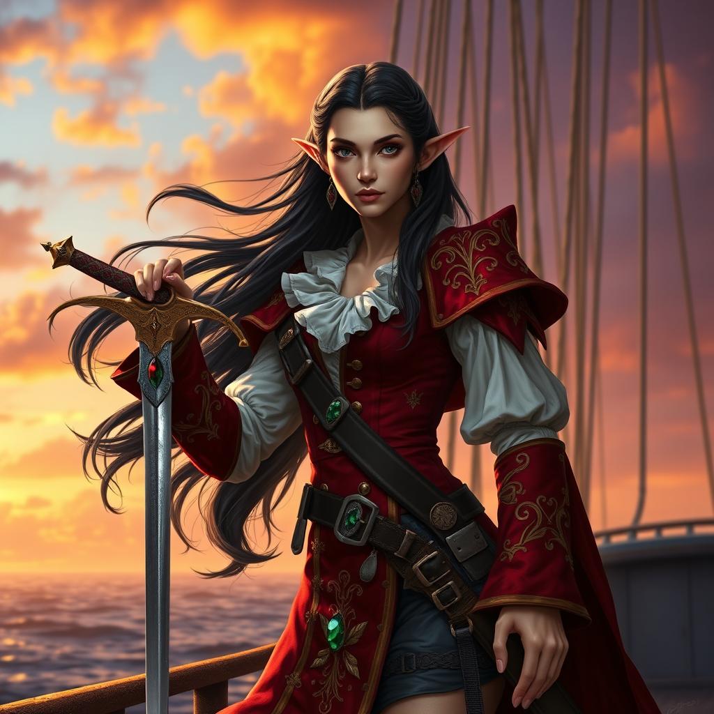 A high elf female pirate with long, flowing dark hair and fair skin, dressed in an intricately designed pirate outfit featuring a fitted red velvet coat with gold embroidery and a white ruffled blouse