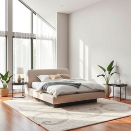 A modern bedroom interior, featuring a stylish platform bed with a sleek geometric headboard and soft, plush bedding in neutral tones