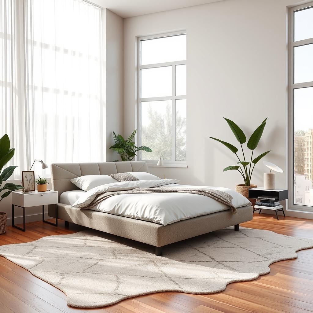 A modern bedroom interior, featuring a stylish platform bed with a sleek geometric headboard and soft, plush bedding in neutral tones