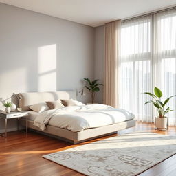 A modern bedroom interior, featuring a stylish platform bed with a sleek geometric headboard and soft, plush bedding in neutral tones