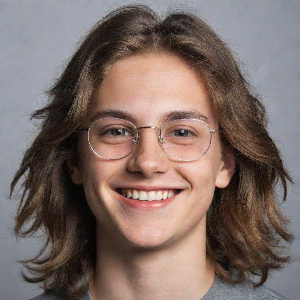 An image of a teenage boy with pronounced dark circles under his eyes, wearing glasses, has a smile, and his long, tousled hair flows freely.