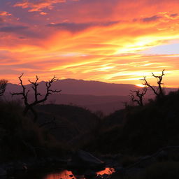 A breathtaking sunset over an anarchic landscape, featuring a vibrant sky painted in hues of orange, pink, and purple