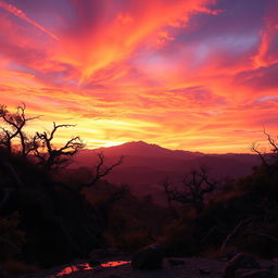 A breathtaking sunset over an anarchic landscape, featuring a vibrant sky painted in hues of orange, pink, and purple