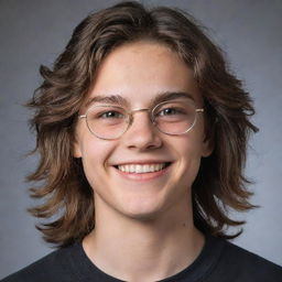 An image of a teenage boy with pronounced dark circles under his eyes, wearing glasses, has a smile, and his long, tousled hair flows freely.