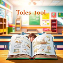 A book cover design featuring a vibrant classroom background, with colorful desks, bright bulletin boards, and educational posters on the walls