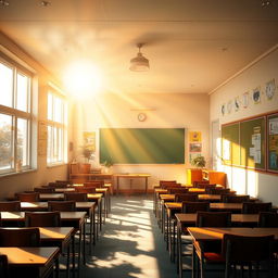 A sunlit classroom scene, showcasing warm rays of sunlight streaming through large windows, creating a bright and inviting atmosphere