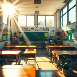 A sunlit classroom scene, showcasing warm rays of sunlight streaming through large windows, creating a bright and inviting atmosphere