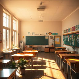 A sunlit classroom scene, showcasing warm rays of sunlight streaming through large windows, creating a bright and inviting atmosphere