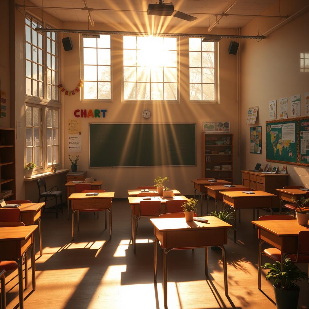 A sunlit classroom scene, showcasing warm rays of sunlight streaming through large windows, creating a bright and inviting atmosphere