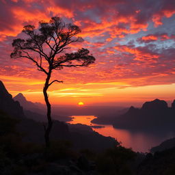 A stunning sunset view over a fictional place called 'Tanah Anarki', featuring vibrant orange, purple, and pink hues in the sky, casting a warm glow over rugged, untamed landscapes with jagged mountains and wild foliage