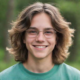 A teenage boy with deep, dark circles under his eyes, wearing glasses, and smiling. His long, tousled hair adds to his tired look.