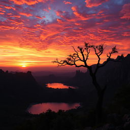 A stunning sunset view over a fictional place called 'Tanah Anarki', featuring vibrant orange, purple, and pink hues in the sky, casting a warm glow over rugged, untamed landscapes with jagged mountains and wild foliage