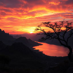 A stunning sunset view over a fictional place called 'Tanah Anarki', featuring vibrant orange, purple, and pink hues in the sky, casting a warm glow over rugged, untamed landscapes with jagged mountains and wild foliage