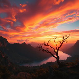 A stunning sunset view over a fictional place called 'Tanah Anarki', featuring vibrant orange, purple, and pink hues in the sky, casting a warm glow over rugged, untamed landscapes with jagged mountains and wild foliage