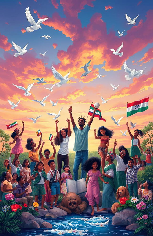 An artistic representation of human freedom, showcasing diverse individuals from various cultures celebrating liberty