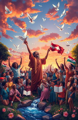 An artistic representation of human freedom, showcasing diverse individuals from various cultures celebrating liberty