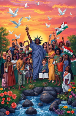 An artistic representation of human freedom, showcasing diverse individuals from various cultures celebrating liberty