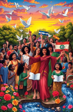 An artistic representation of human freedom, showcasing diverse individuals from various cultures celebrating liberty