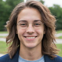 A teenage boy with deep, dark circles under his eyes, wearing glasses, and smiling. His long, tousled hair adds to his tired look.