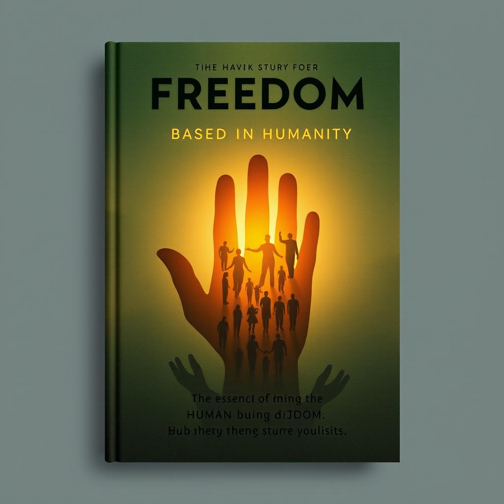 A book cover design in muted, opaque colors centered around the theme of freedom based on humanity