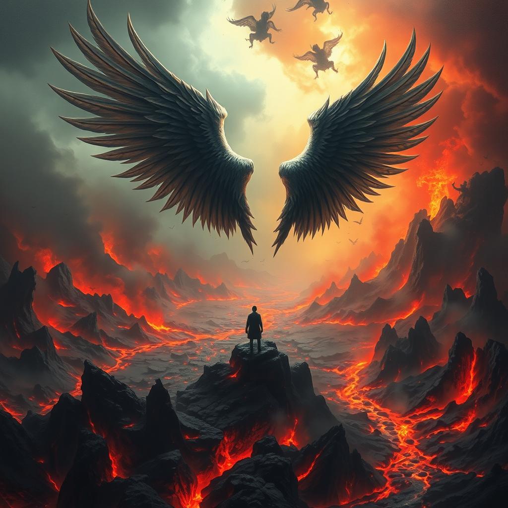 An evocative scene titled 'Sayap Terpotong di Bumi Neraka', depicting a surreal landscape of a fiery underworld filled with molten lava rivers and jagged rock formations