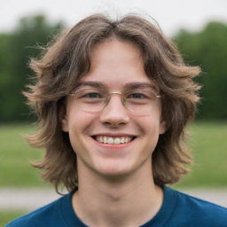 A teenage boy with deep, dark circles under his eyes, wearing glasses, and smiling. His long, tousled hair adds to his tired look.