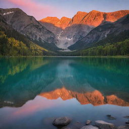 A serene mountain landscape during sunset, with a multitude colors reflecting over a peaceful lake.