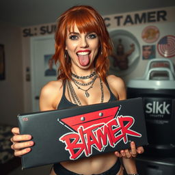 A close-up shot focusing on a sexy female redhead with a large chest wearing a tank top adorned with punk chains