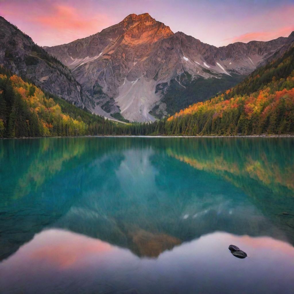 A serene mountain landscape during sunset, with a multitude colors reflecting over a peaceful lake.