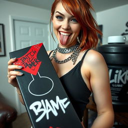 A close-up shot focusing on a sexy female redhead with a large chest wearing a tank top adorned with punk chains