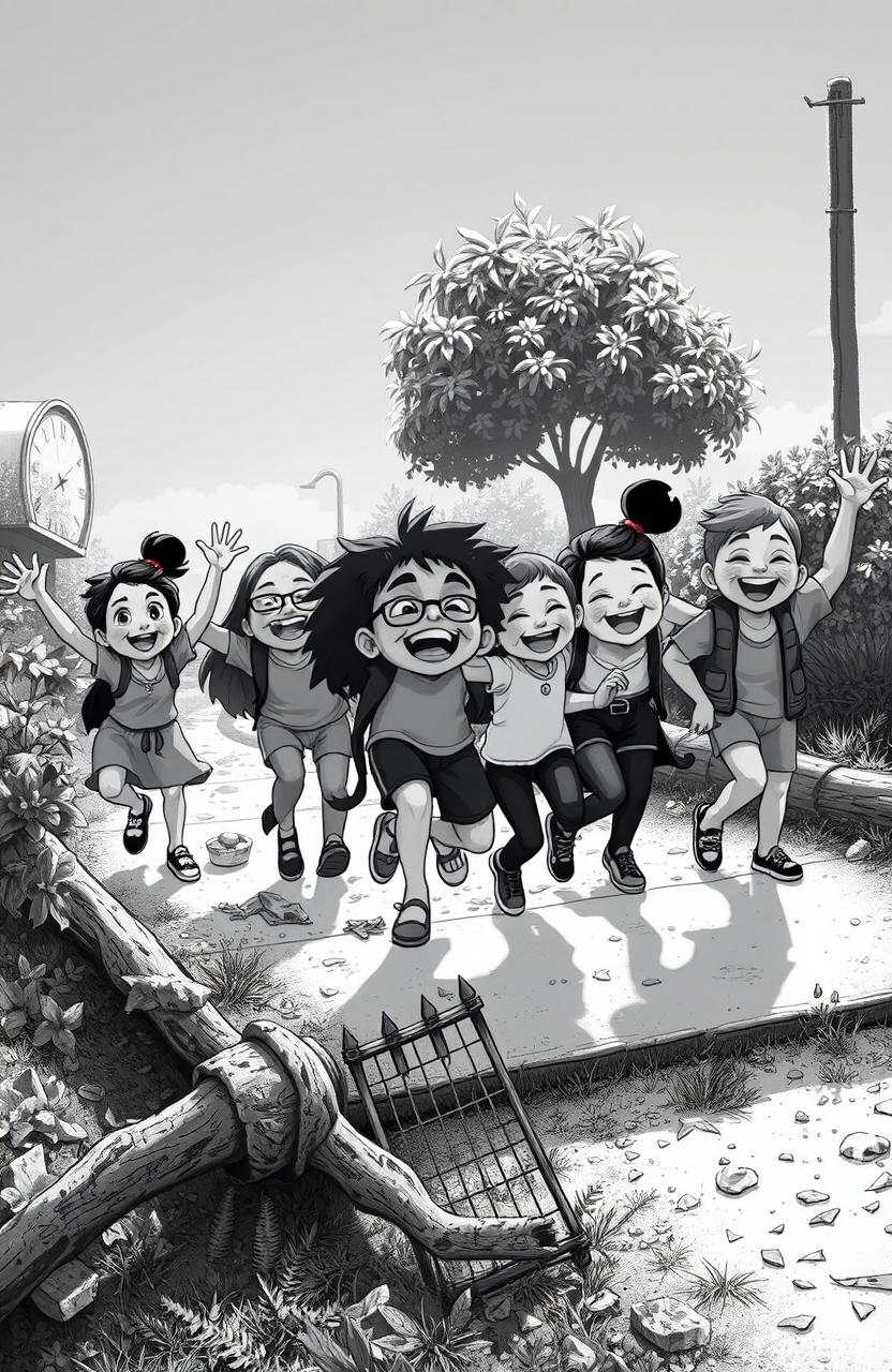 Black and white image of various personas joyfully engaging in a vibrant world while facing certain obstacles