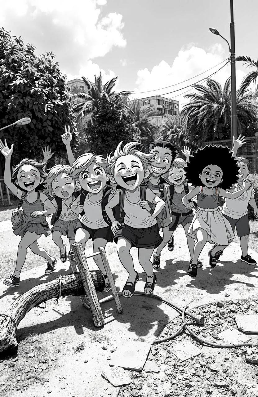 Black and white image of various personas joyfully engaging in a vibrant world while facing certain obstacles