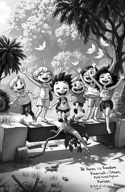 Black and white image of various personas joyfully engaging in a vibrant world while facing certain obstacles