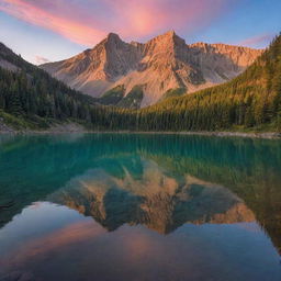 A serene mountain landscape during sunset, with a multitude colors reflecting over a peaceful lake.