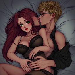 A semi-realistic illustration of a romantic scene featuring two people kissing