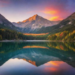 A serene mountain landscape during sunset, with a multitude colors reflecting over a peaceful lake.