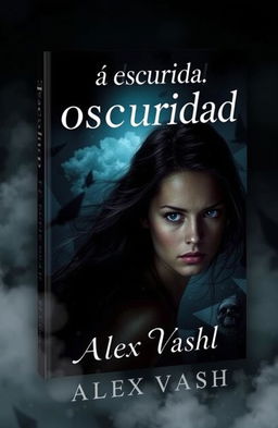 A captivating book cover for 'Escape de la oscuridad', featuring a young woman depicted in a visually striking way as she struggles to break free from the clutches of a complex love triangle