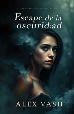 A captivating book cover for 'Escape de la oscuridad', featuring a young woman depicted in a visually striking way as she struggles to break free from the clutches of a complex love triangle