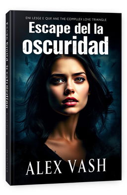 A captivating book cover for 'Escape de la oscuridad', featuring a young woman depicted in a visually striking way as she struggles to break free from the clutches of a complex love triangle