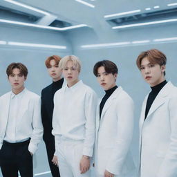 The members of BTS in a futuristic setting, wearing modern clothing and surrounded by advanced technology.