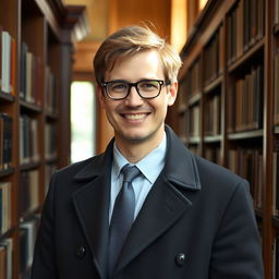 A male librarian with short wavy hair and glasses, dressed in a stylish button-up coat and a neat tie