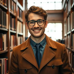 A male librarian with short wavy hair and glasses, dressed in a stylish button-up coat and a neat tie