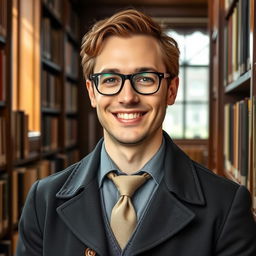 A male librarian with short wavy hair and glasses, dressed in a stylish button-up coat and a neat tie