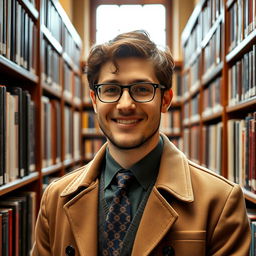 A male librarian with short wavy hair and glasses, dressed in a stylish button-up coat and a neat tie