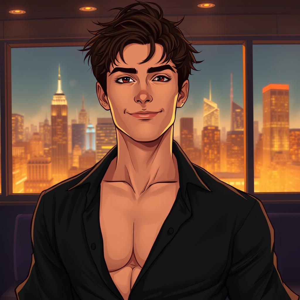 A semi-realistic illustration of a dark brown haired man in his early 20s with tousled hair, wearing an open black shirt that reveals his chest