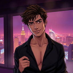 A semi-realistic illustration of a dark brown haired man in his early 20s with tousled hair, wearing an open black shirt that reveals his chest