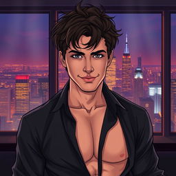 A semi-realistic illustration of a dark brown haired man in his early 20s with tousled hair, wearing an open black shirt that reveals his chest