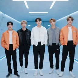 The members of BTS in a futuristic setting, wearing modern clothing and surrounded by advanced technology.